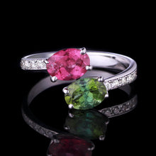 14K white gold pink and green natural tourmaline ring / Кольцо с натуральными розовым и зеленым турмалинами в белом золоте 585 пробы