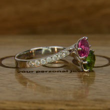 14K white gold pink and green natural tourmaline ring / Кольцо с натуральными розовым и зеленым турмалинами в белом золоте 585 пробы